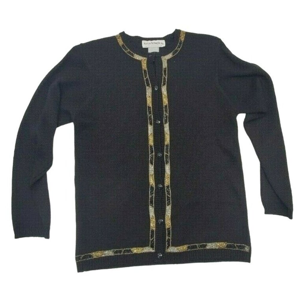 Vtg 80s Black Beaded Cardigan Sweater Small Gold Silver Embellished‎ Retro Style
